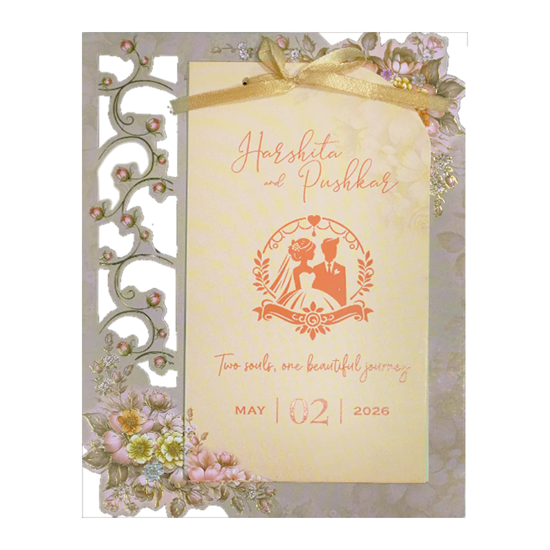 Grey Floral Bow Laser Cut Wedding Card-KSH72890 - Image 3