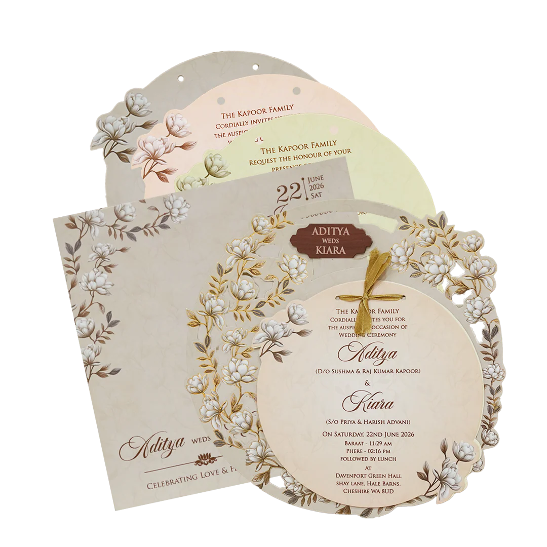 Grey Floral Circular Insert Wedding Card-KFR16240