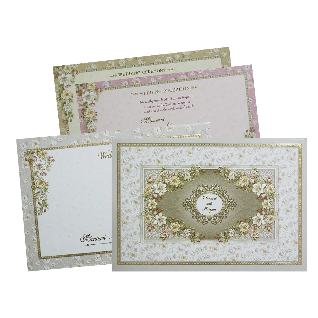 Grey Floral Frame Padded Wedding Card -KMMWD1142