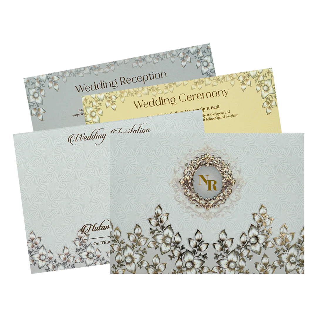 Grey Floral Gold Frame Padded Wedding Card-KRE27990