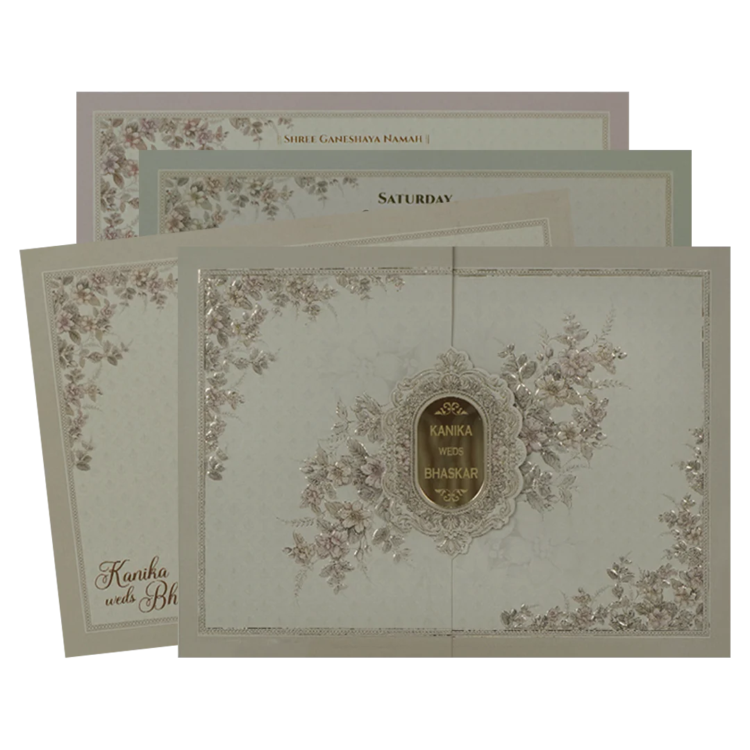 Grey Floral Gold Oval Wedding Card-KSI64990