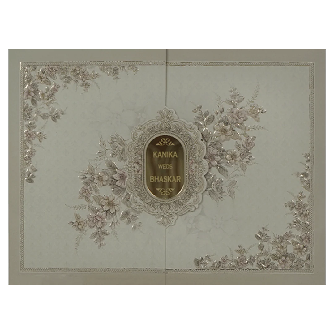 Grey Floral Gold Oval Wedding Card-KSI64990 - Image 3