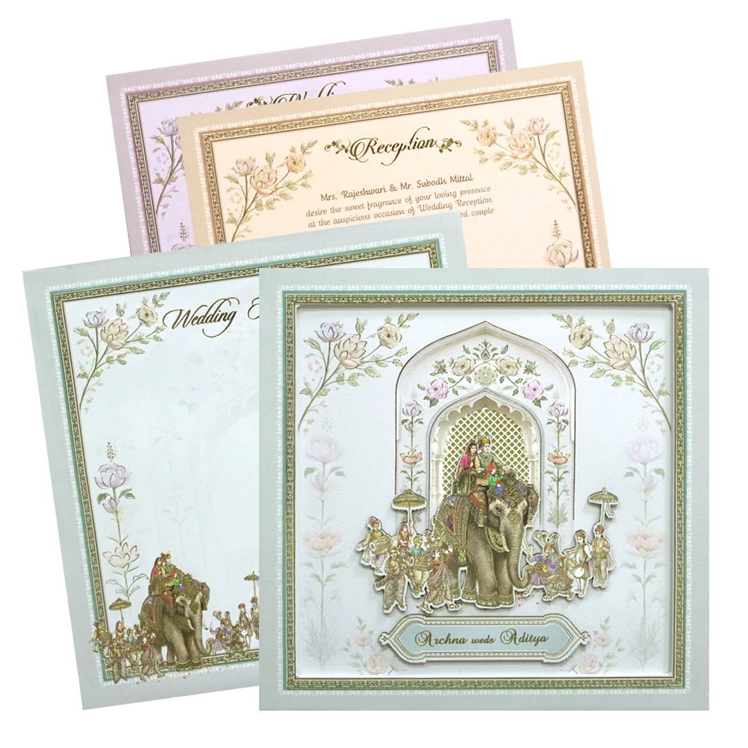 Grey & Gold 3D Padded Elephant Procession Wedding Card-KMMEX8060