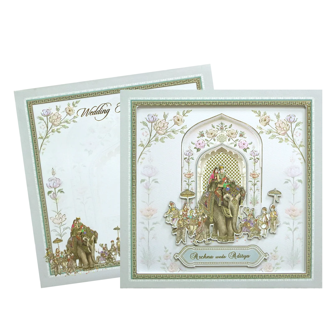 Grey & Gold 3D Padded Elephant Procession Wedding Card-KMMEX8060 - Image 2