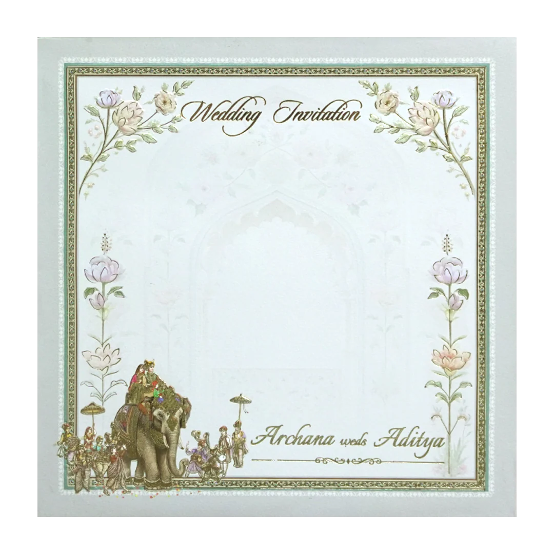 Grey & Gold 3D Padded Elephant Procession Wedding Card-KMMEX8060 - Image 4