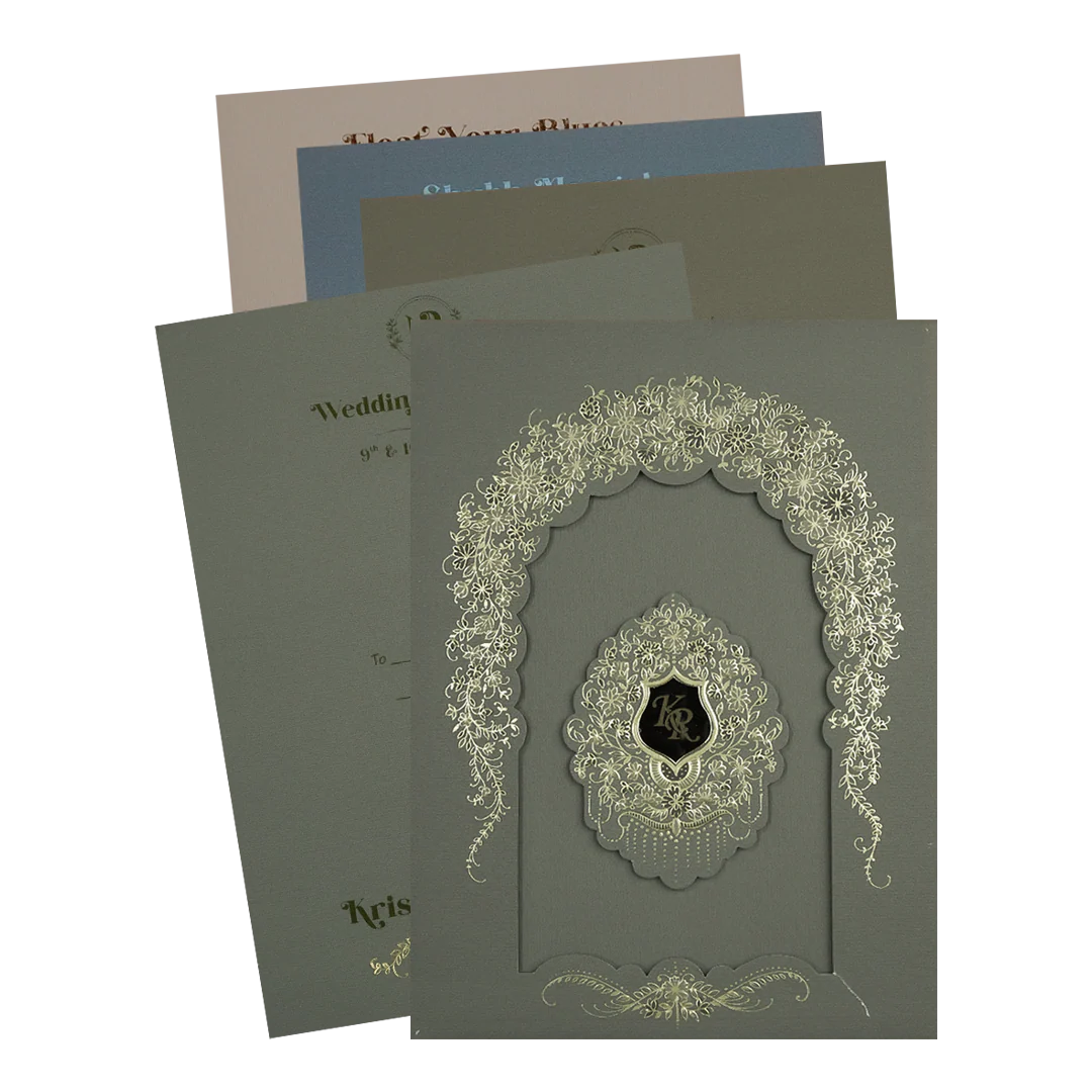 Grey Gold Arch Floral Padded Wedding Card-KSI64470