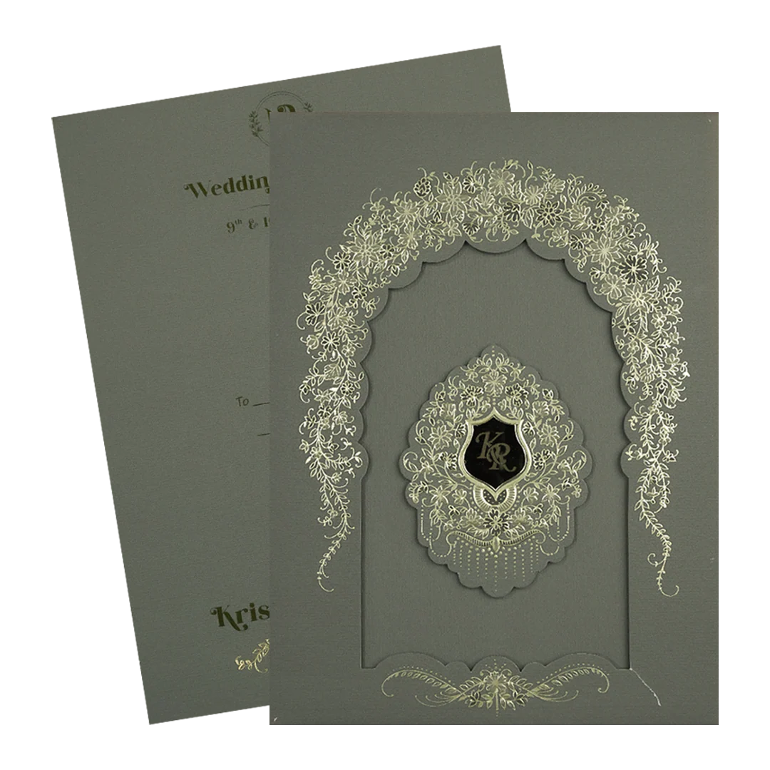 Grey Gold Arch Floral Padded Wedding Card-KSI64470 - Image 2