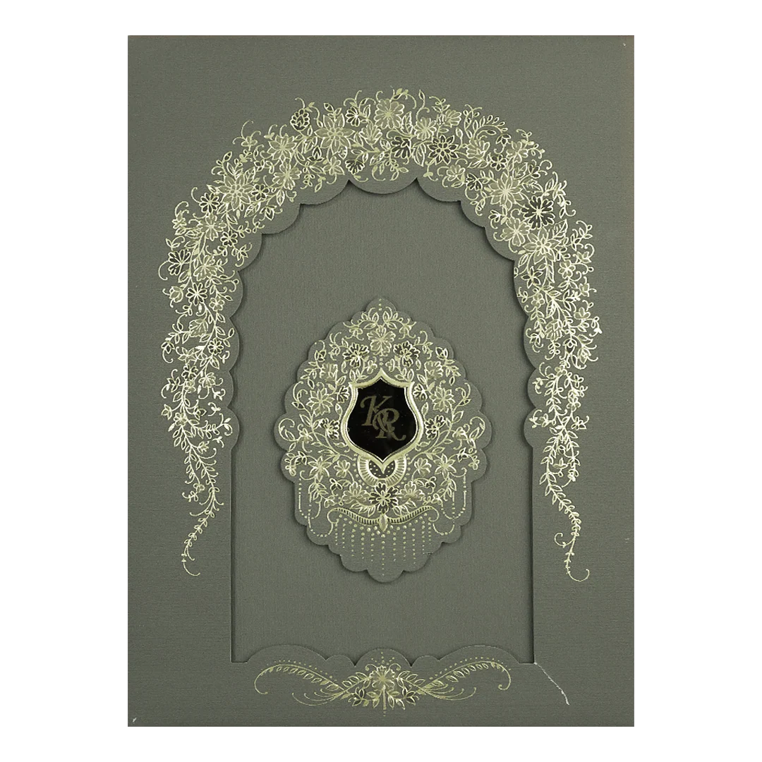 Grey Gold Arch Floral Padded Wedding Card-KSI64470 - Image 3