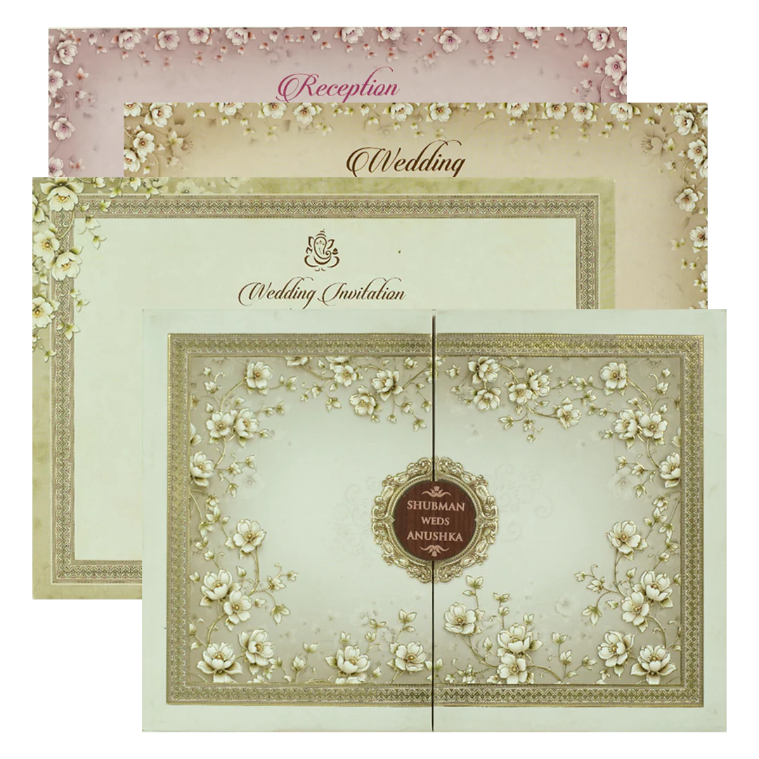 Grey Gold Floral Gatefold Padded Wedding Card-KRB09250