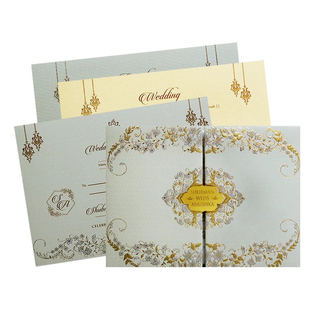 Grey Padded Embossed Floral Wedding Invitation Card-KRB09751