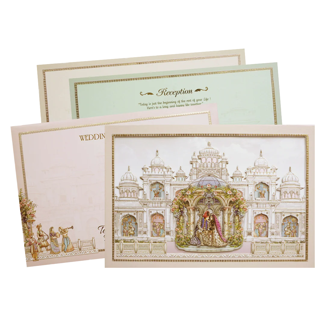 Grey Palace Laser Cut Padded 3D Couple Wedding Card-KMMEX8120