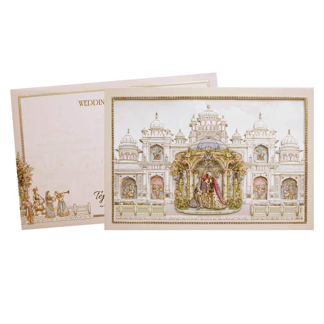 Grey Palace Laser Cut Padded 3D Couple Wedding Card-KMMEX8120 - Image 2