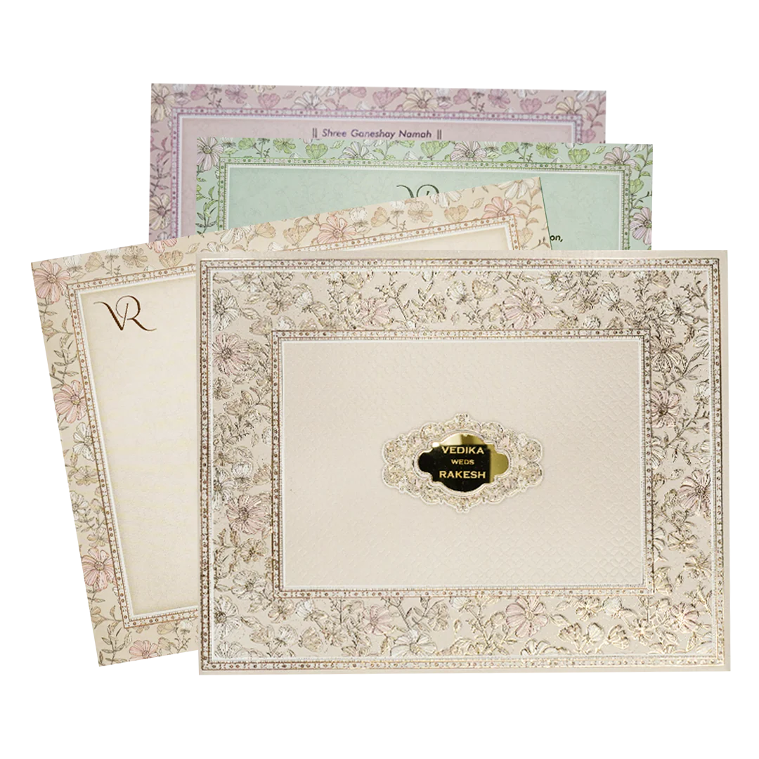 Grey Pastel Floral Border Padded Wedding Card-KSI64160