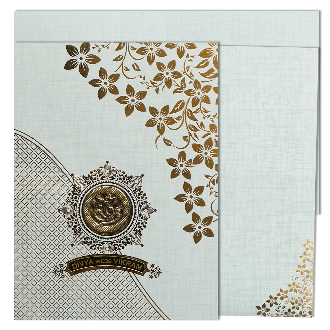 Grey Ganesha Floral Designer Wedding Card-KNK7082G