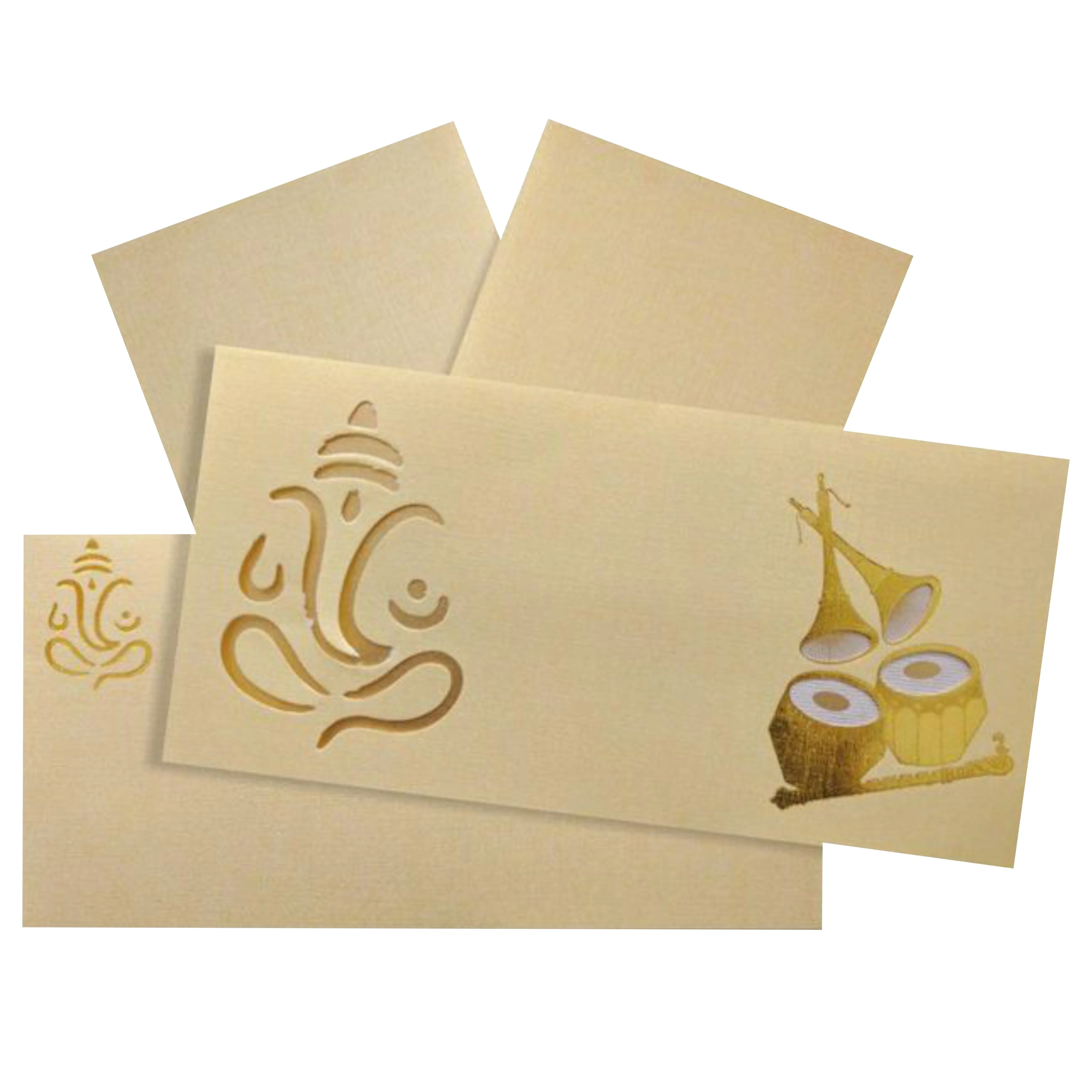 Gold Ganesha Cut Dhol And Clarinet Design Wedding Invitation-KNK95050