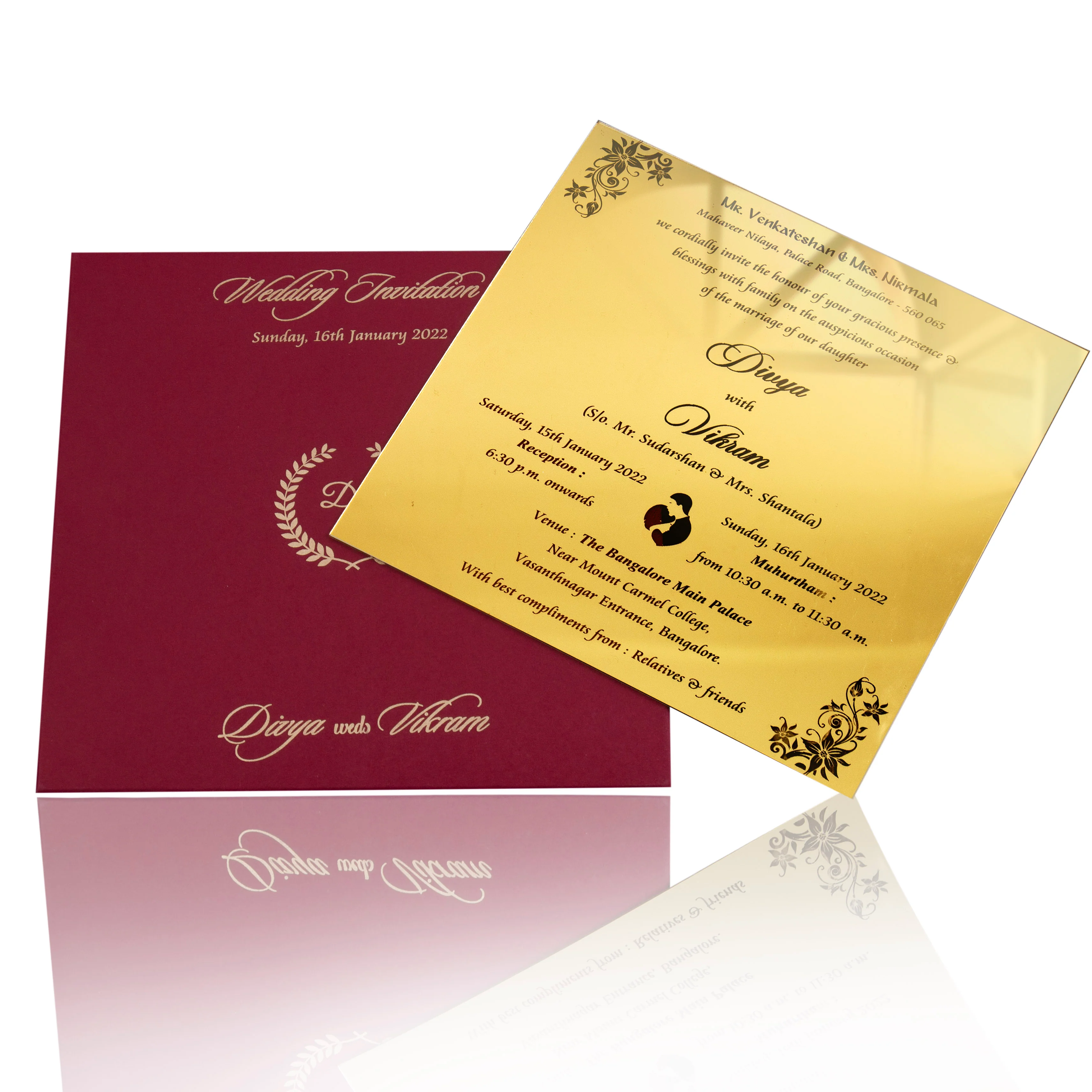 Gold Acrylic Floral Wedding Invitation Card-KNAG3703R