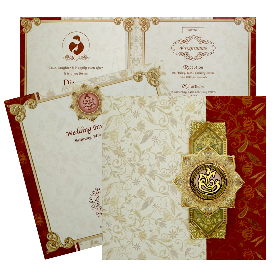 Berry Red Graceful Floral Design Wedding Card In Offset Print-KNBY5401