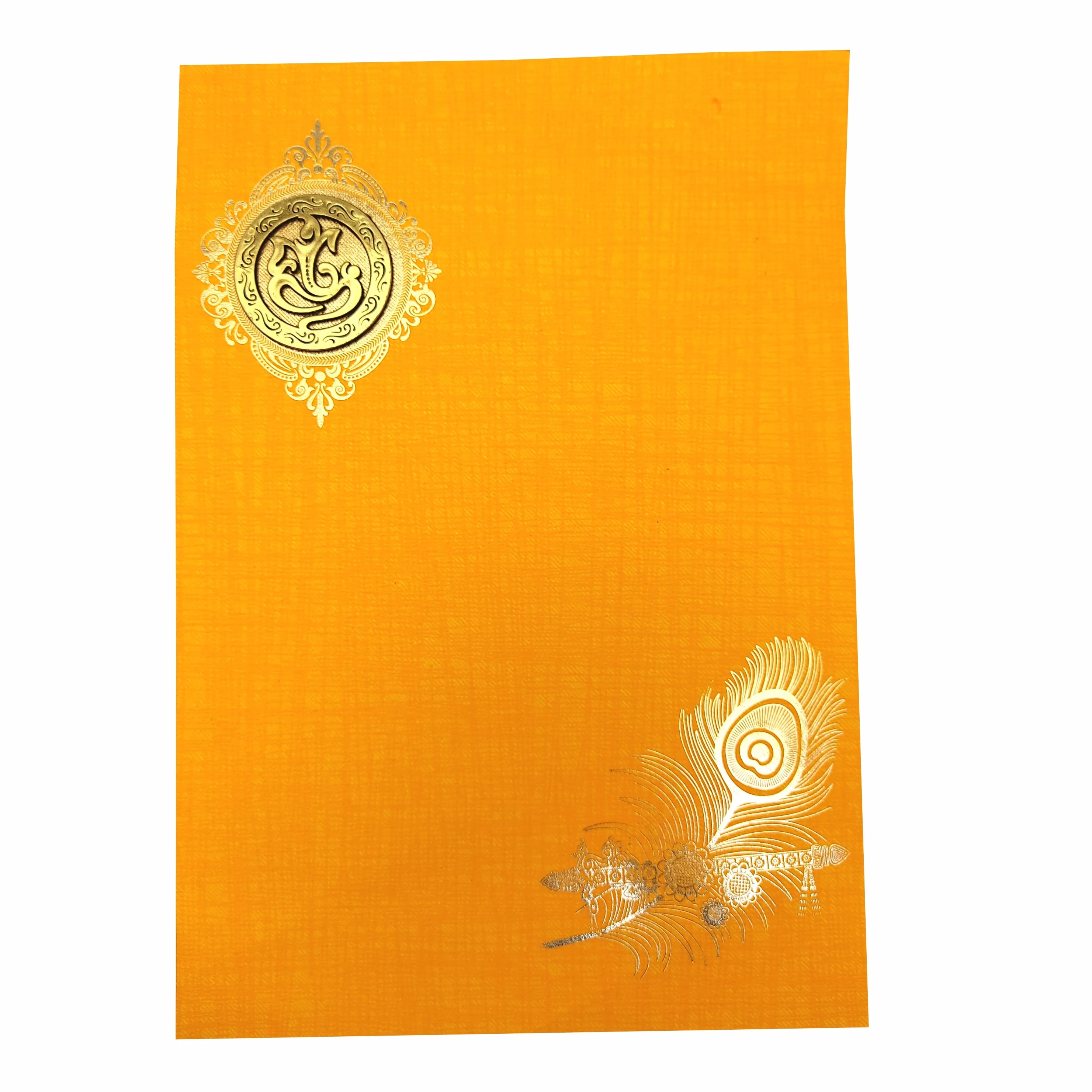 Orange Classic Paper Print Peacock Feather With Flute Wedding Card-KNCP811O - Image 3