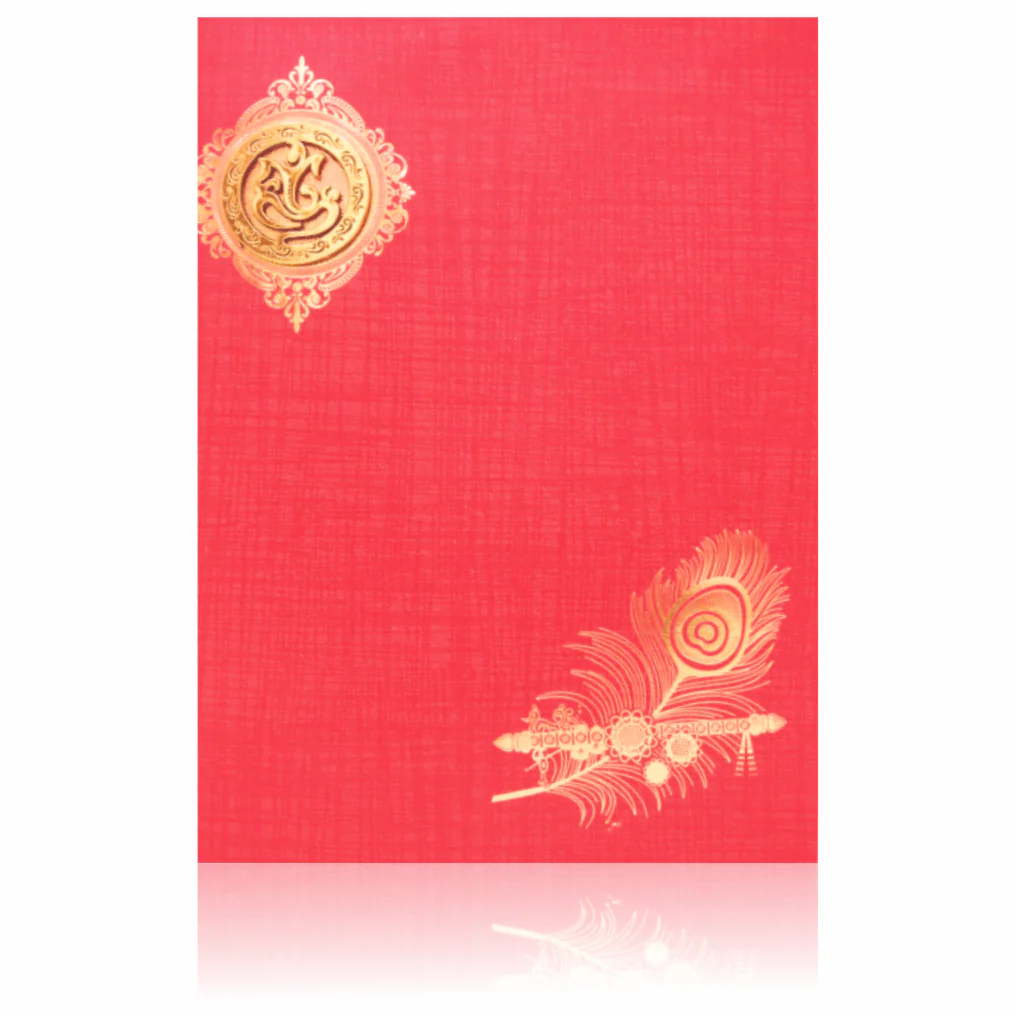 Red Classic Paper Print Peacock Feather With Flute Wedding Card-KNCP811R - Image 3