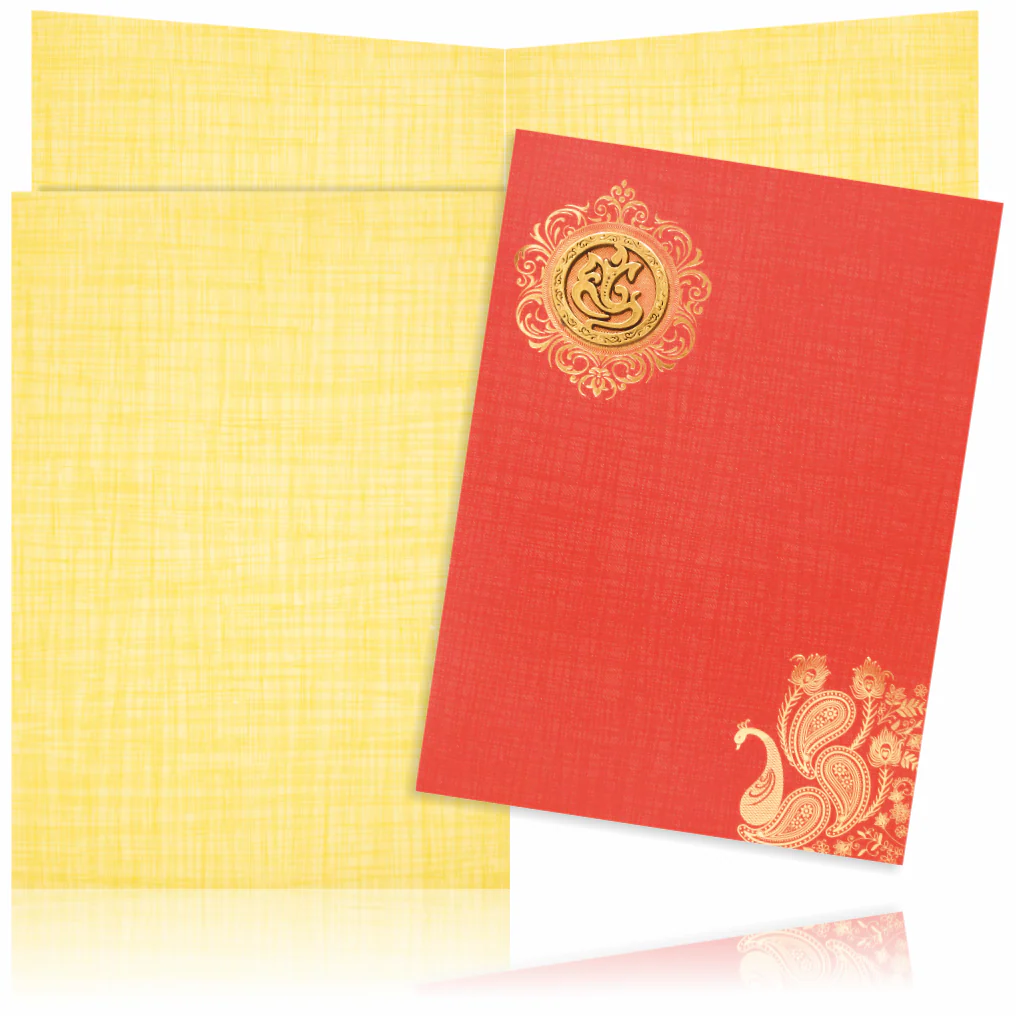 Red Classic Paper Print Peacock Print And Ganesha Sticker Wedding Invitation Card-KNCP812R