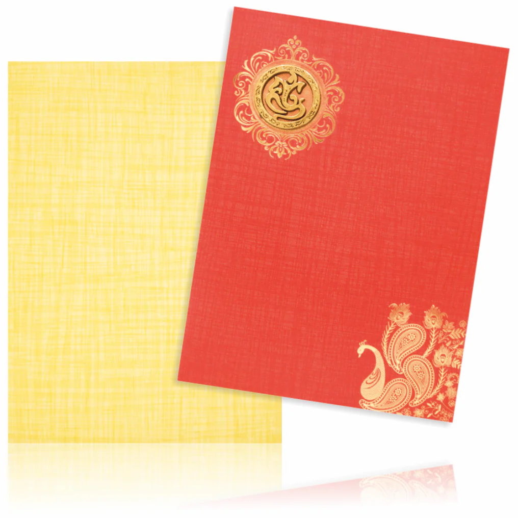 Red Classic Paper Print Peacock Print And Ganesha Sticker Wedding Invitation Card-KNCP812R - Image 2