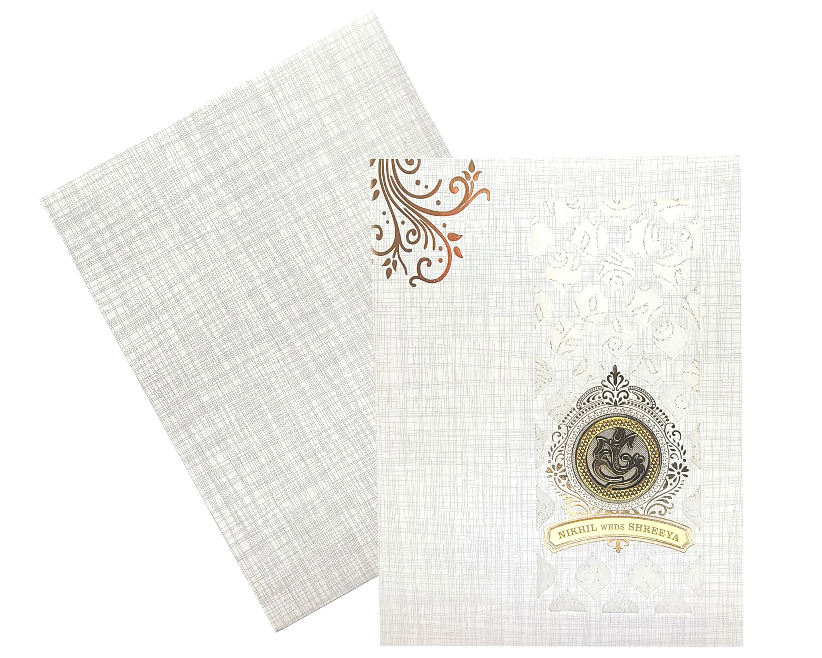 Grey Floral Metallic Wedding Card With White Wolly And Name Plate-KNK7030G - Image 2