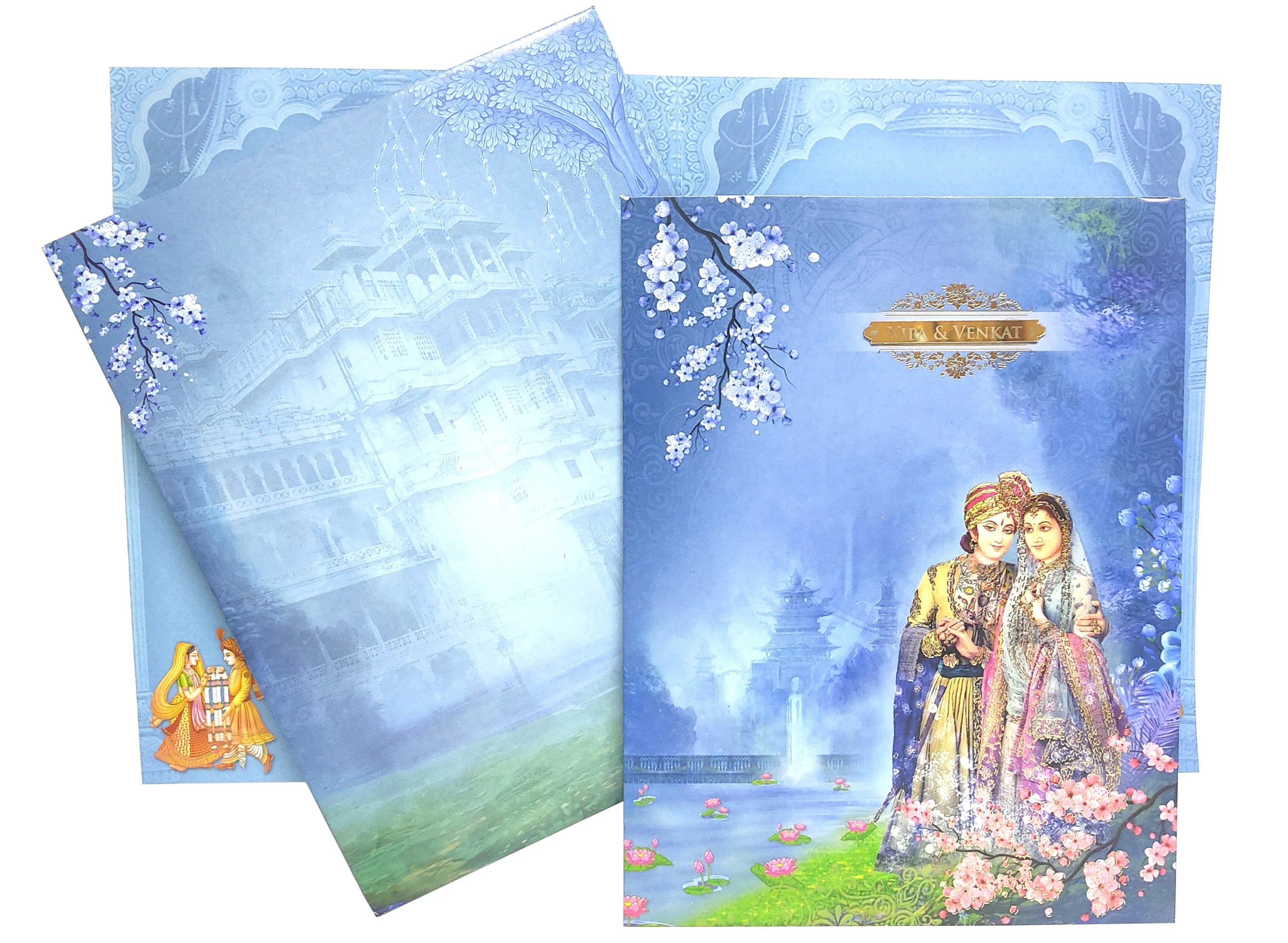 Blue Raja Rani Jumbo Size Wedding Card With Palace And Name Plate-KNKJ1088