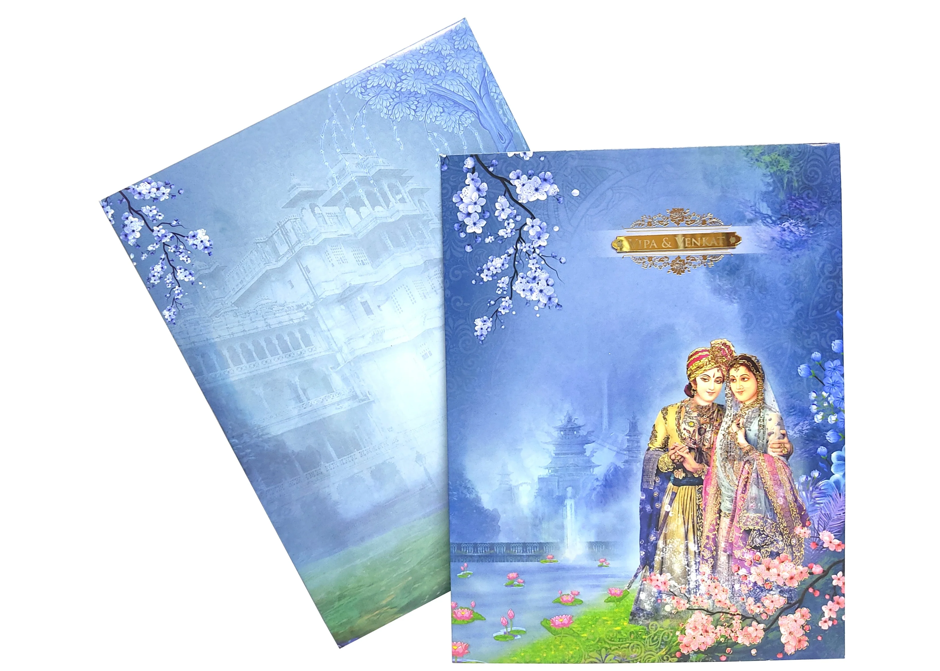 Blue Raja Rani Jumbo Size Wedding Card With Palace And Name Plate-KNKJ1088 - Image 2
