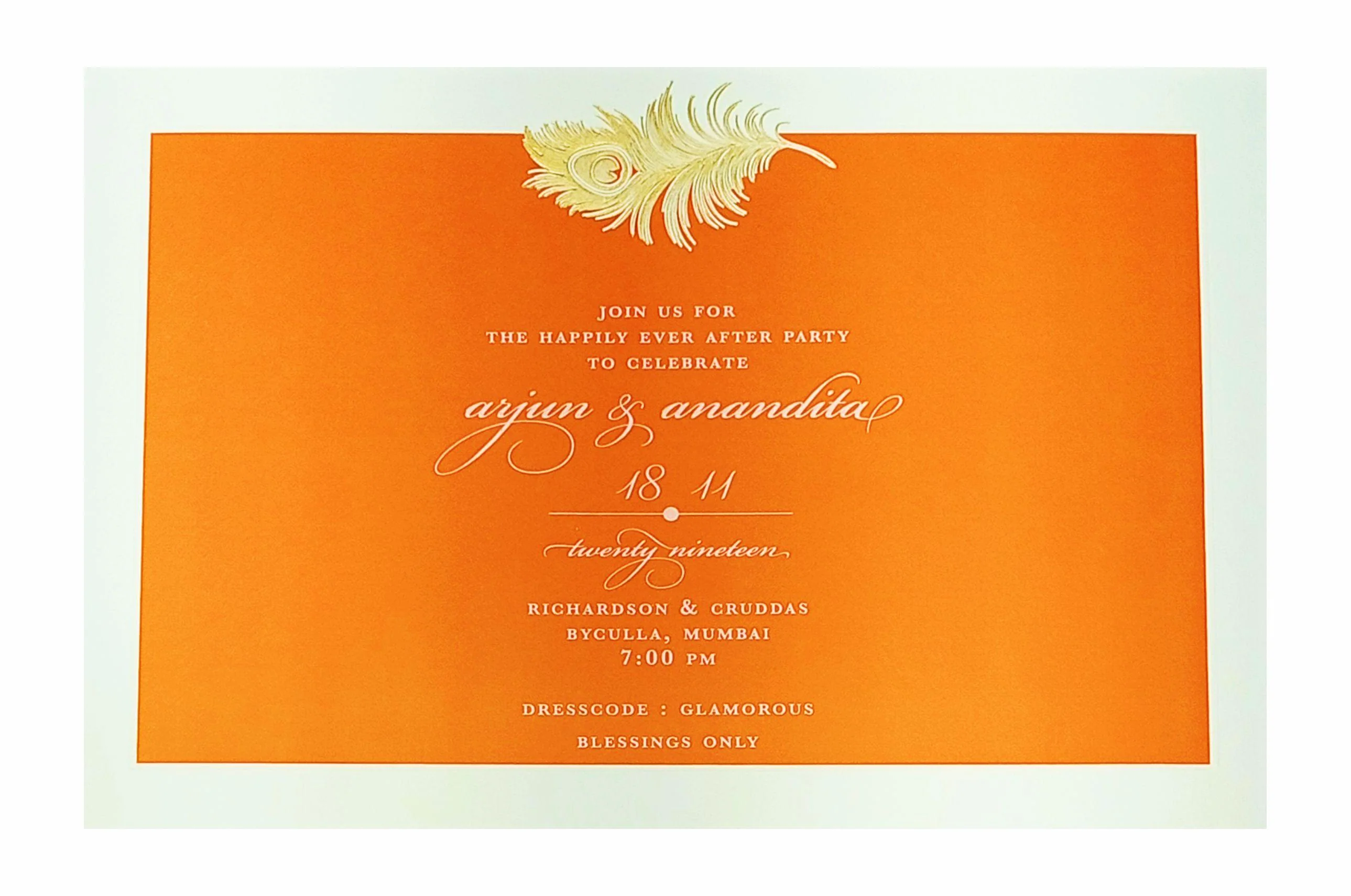 Orange Ultra Premium Luxury Invite With Peacock Feather-KNKUP035 - Image 3
