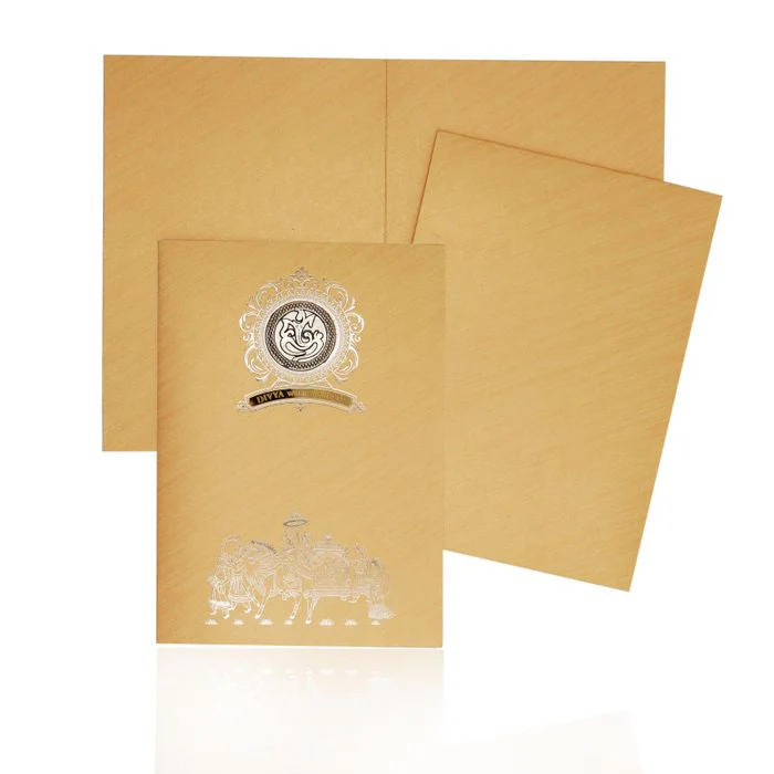 Brown Metallic Baraat Design In Silver Foiling Invitation Card-KNM2101G