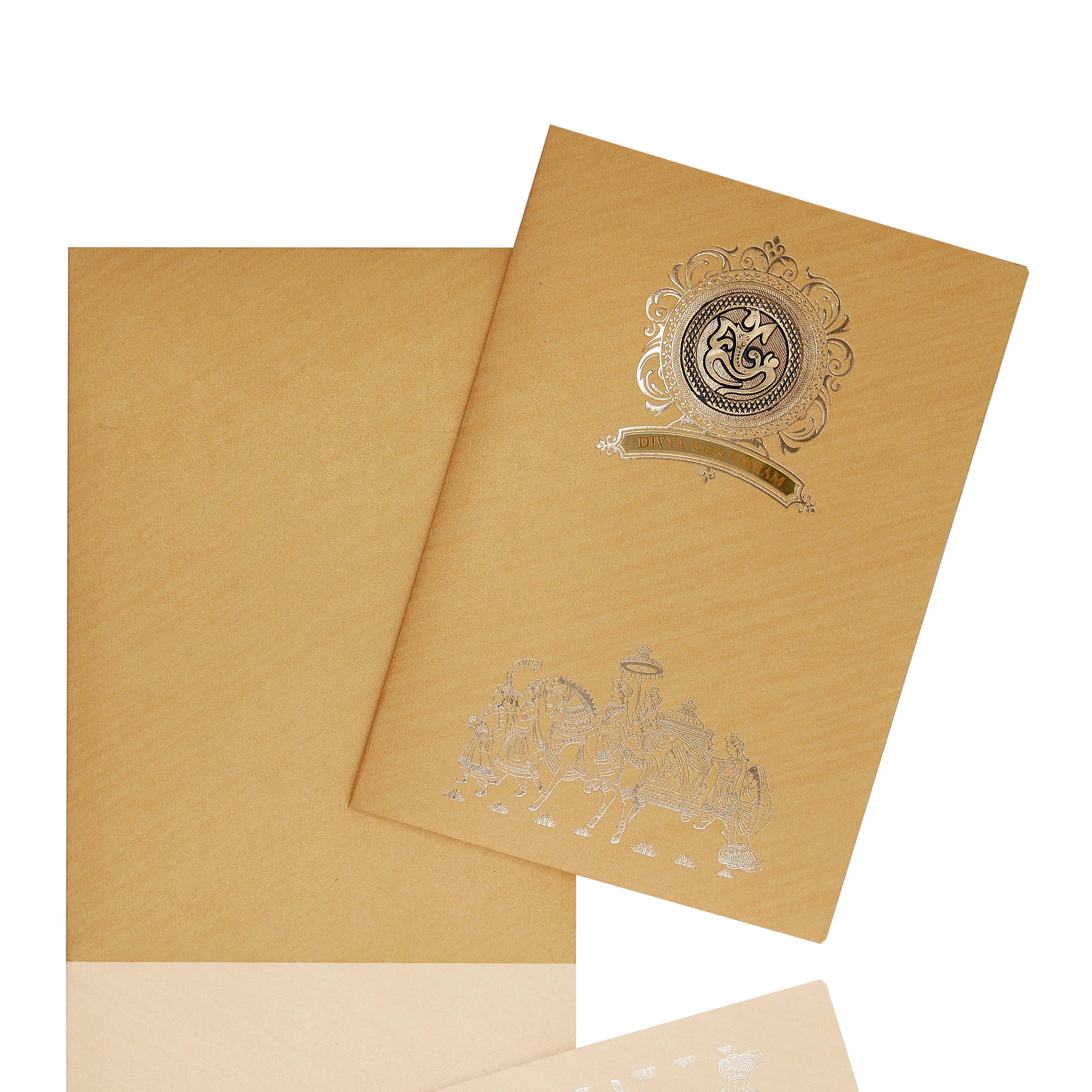 Brown Metallic Baraat Design In Silver Foiling Invitation Card-KNM2101G - Image 2