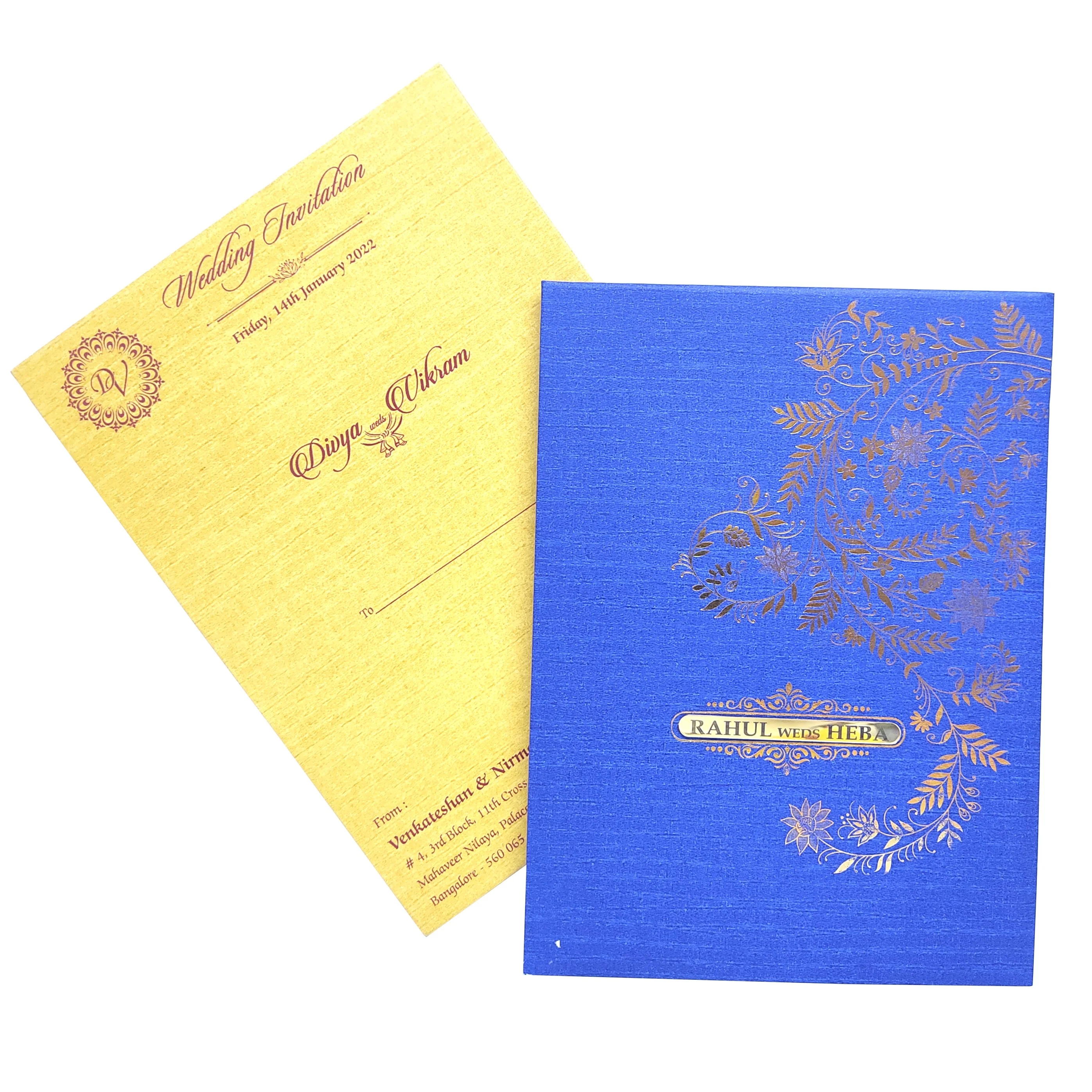 Blue Padding Floral Wedding Card In Gold Foiling Print-KNPC9519B - Image 2