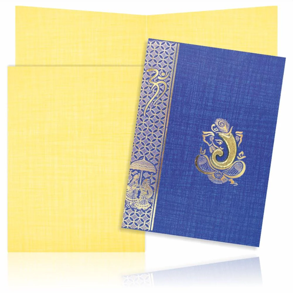 Blue Prince Paper Print Hindu Wedding Card With Gold Foiling Print Design-KNPM709B