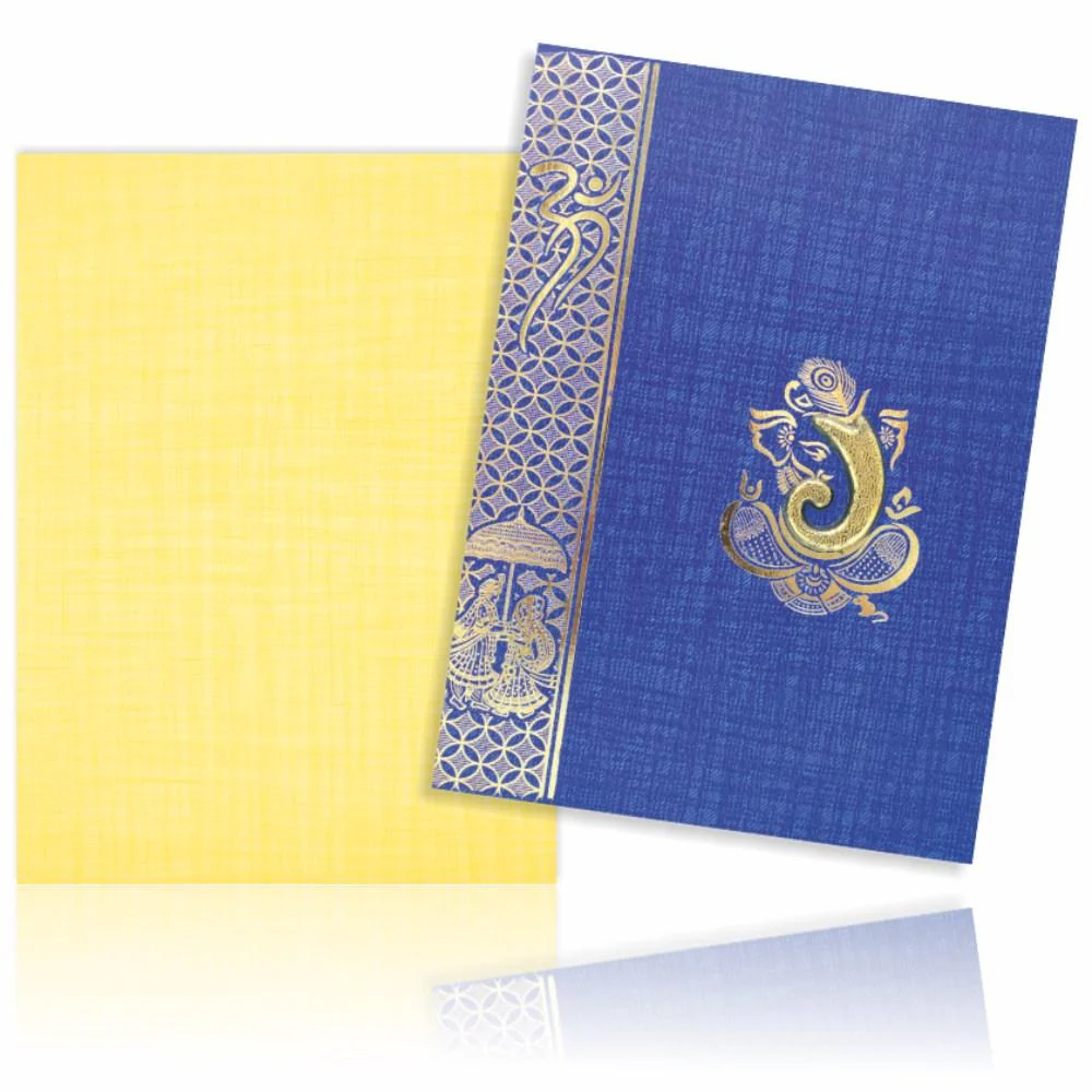 Blue Prince Paper Print Hindu Wedding Card With Gold Foiling Print Design-KNPM709B - Image 2