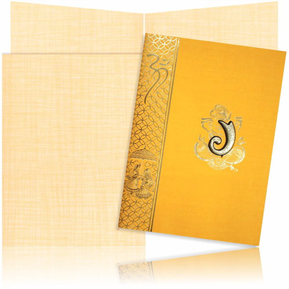 Orange Prince Paper Print Hindu Wedding Card With Gold Foiling Print Design-KNPM709O