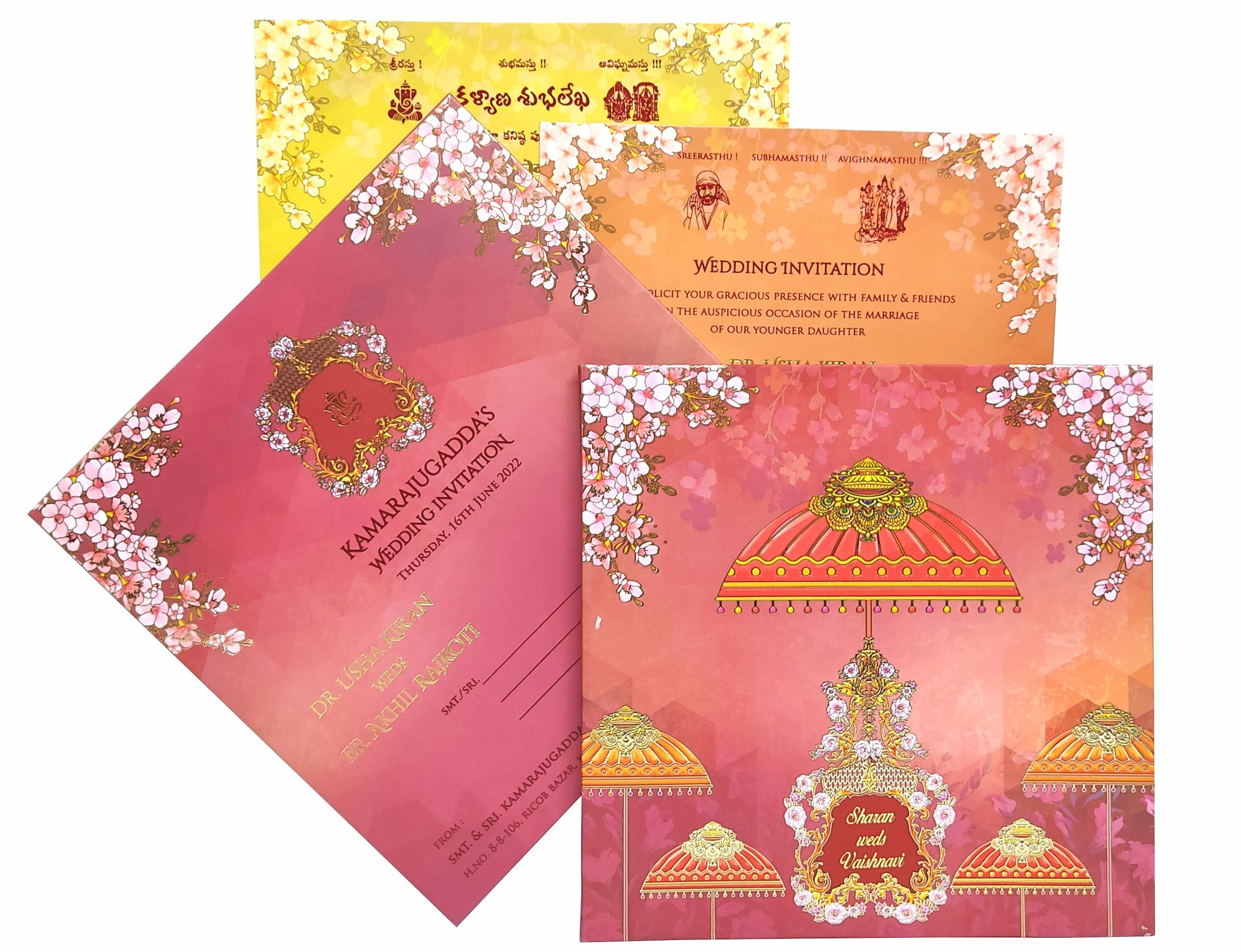 Red padded pink floral and designed umbrella scodix invitation card-KNPO03ZU