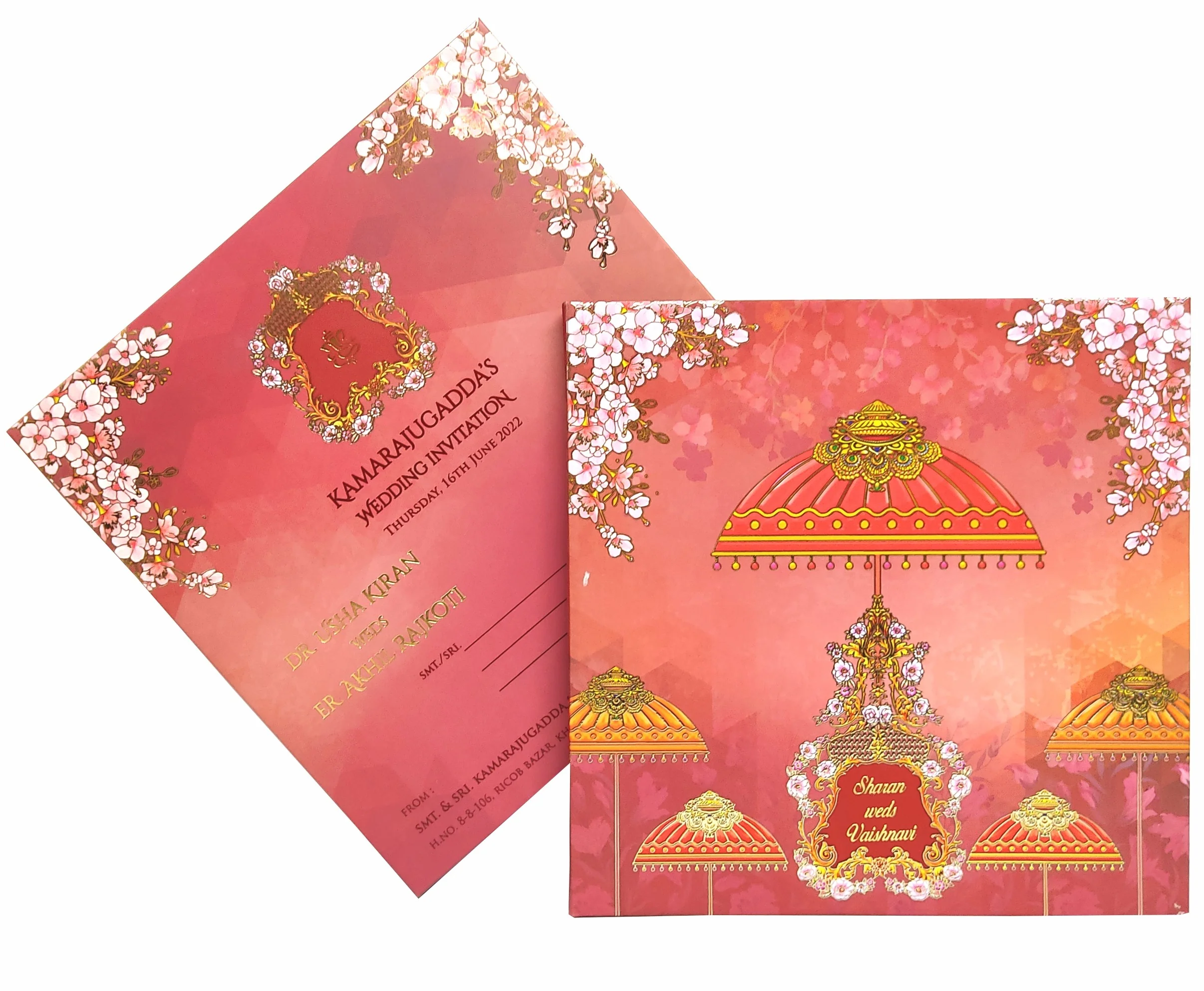 Red padded pink floral and designed umbrella scodix invitation card-KNPO03ZU - Image 2