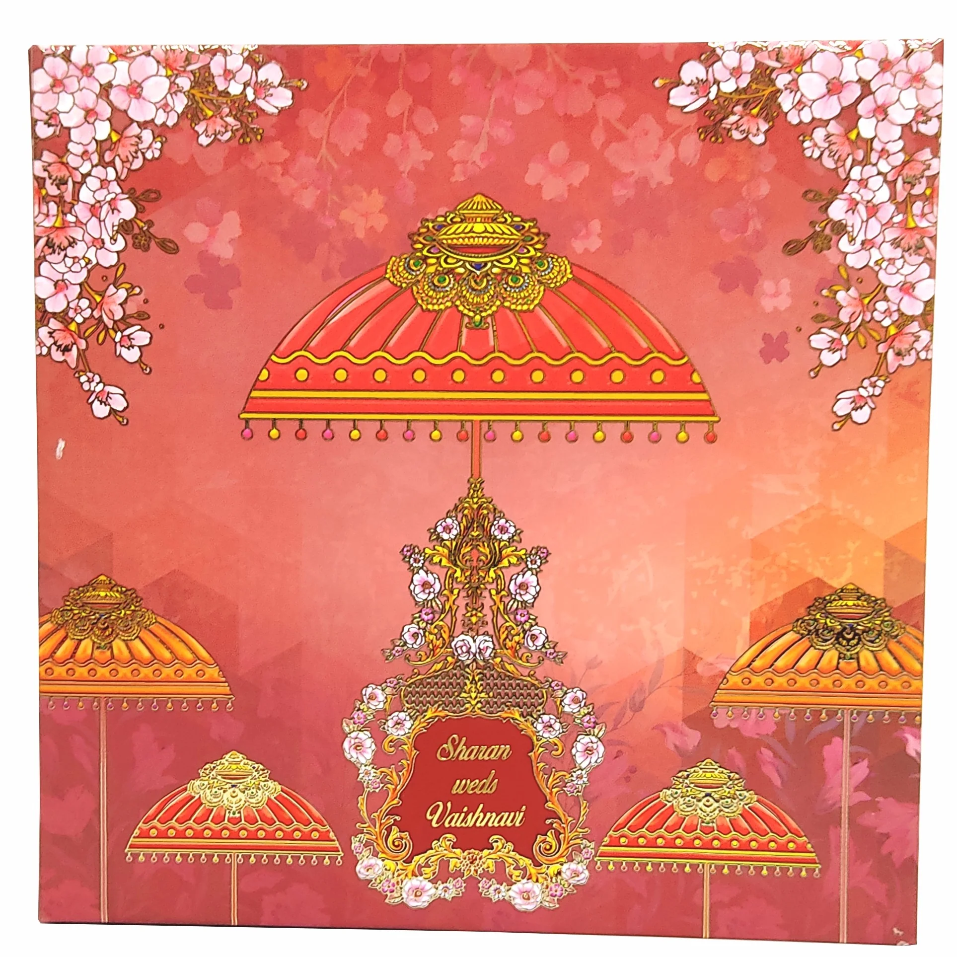 Red padded pink floral and designed umbrella scodix invitation card-KNPO03ZU - Image 3