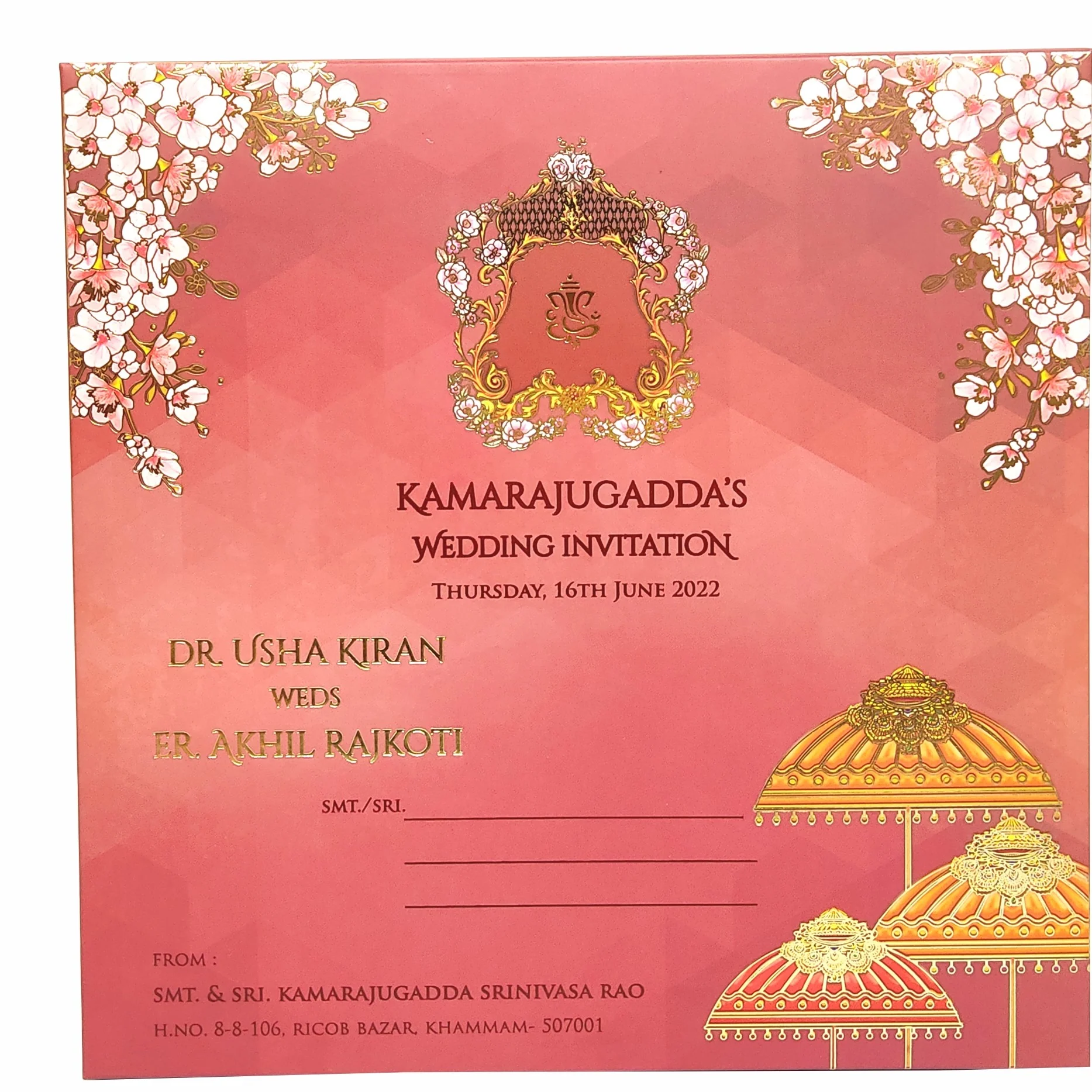 Red padded pink floral and designed umbrella scodix invitation card-KNPO03ZU - Image 4