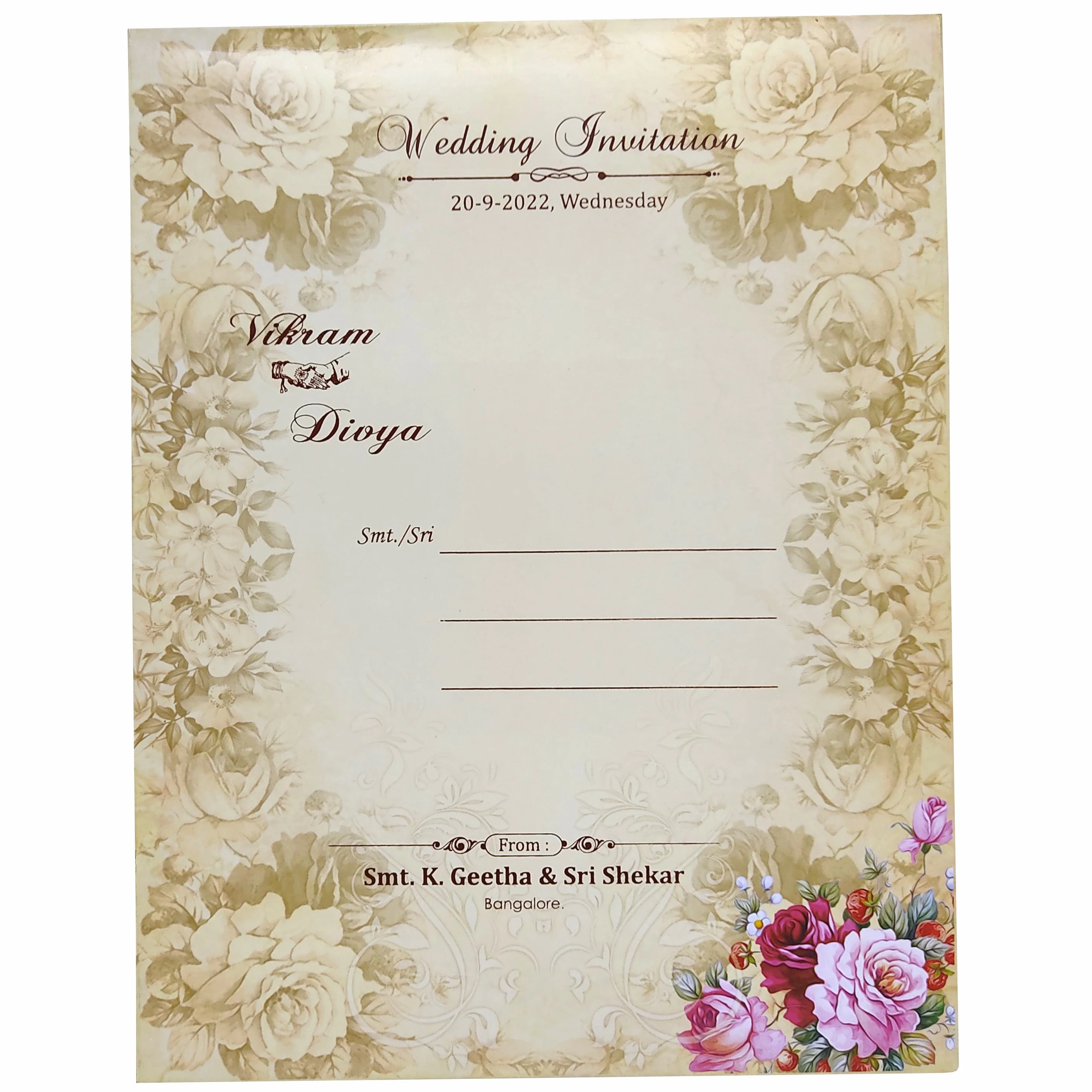 Cream Padded Floral Design In Offset With Roses And Name Plate-KNPO8504C - Image 3