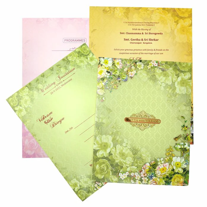 Green Padded Floral Wedding Card In Offset-KNPO8505G