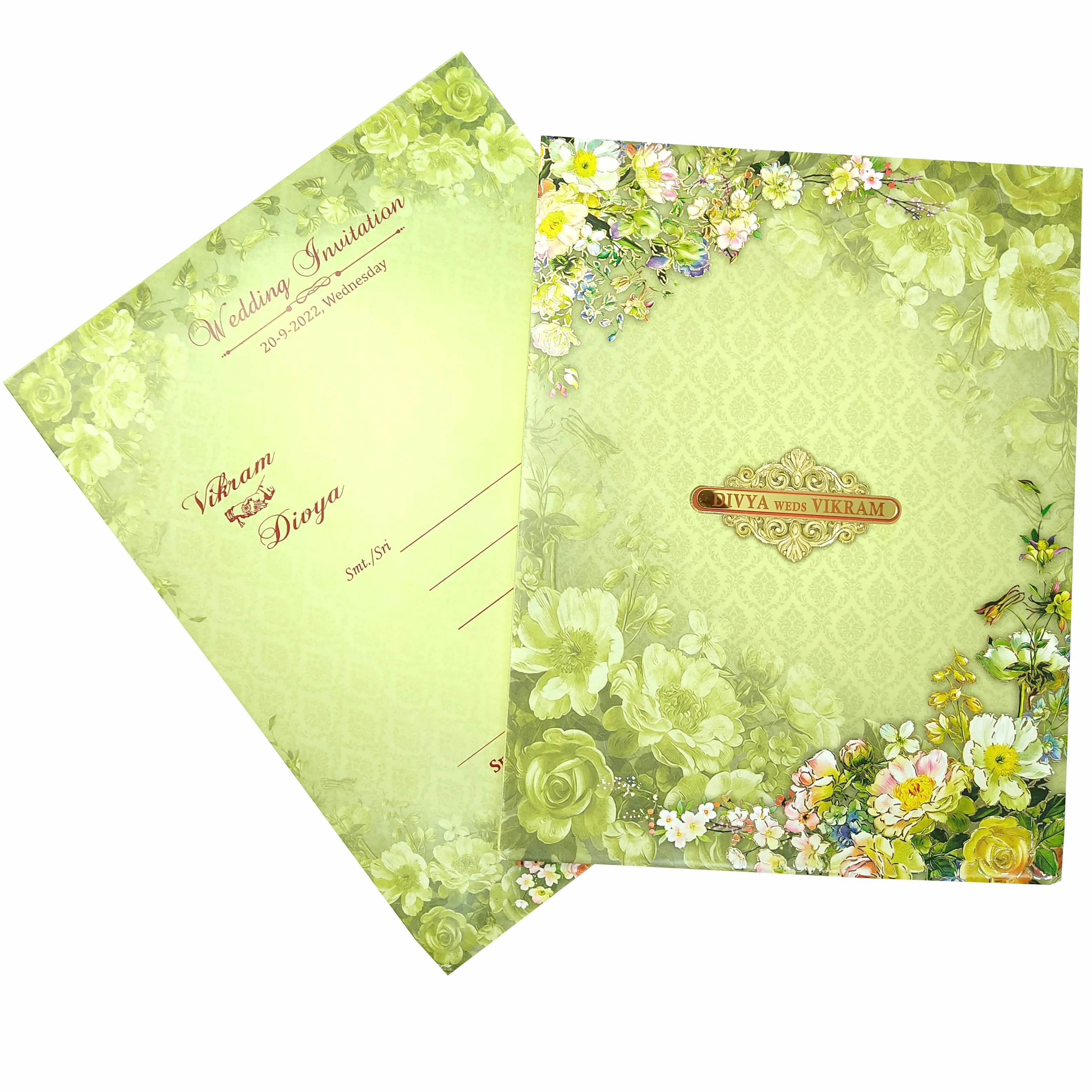 Green Padded Floral Wedding Card In Offset-KNPO8505G - Image 2