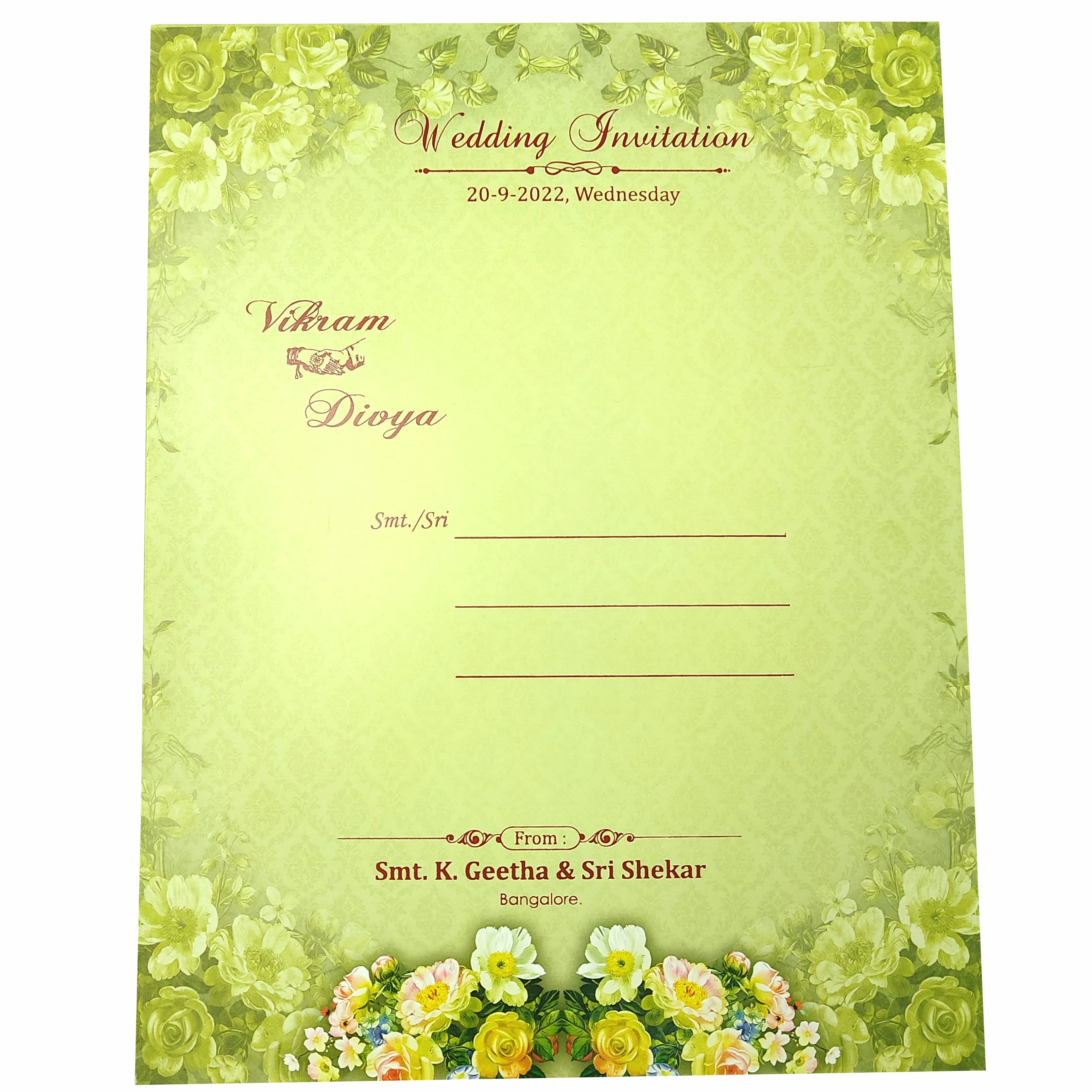 Green Padded Floral Wedding Card In Offset-KNPO8505G - Image 3