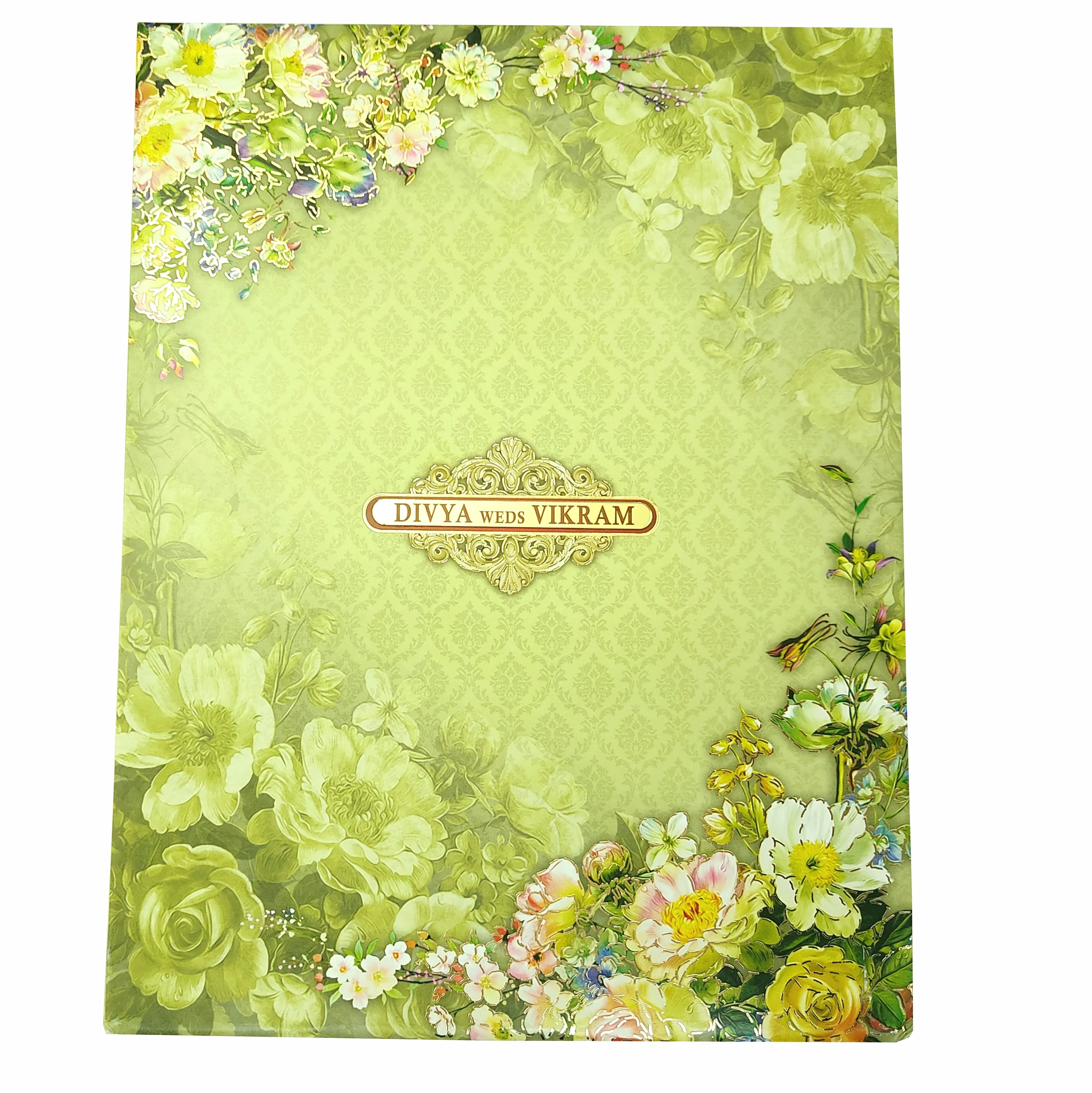 Green Padded Floral Wedding Card In Offset-KNPO8505G - Image 4