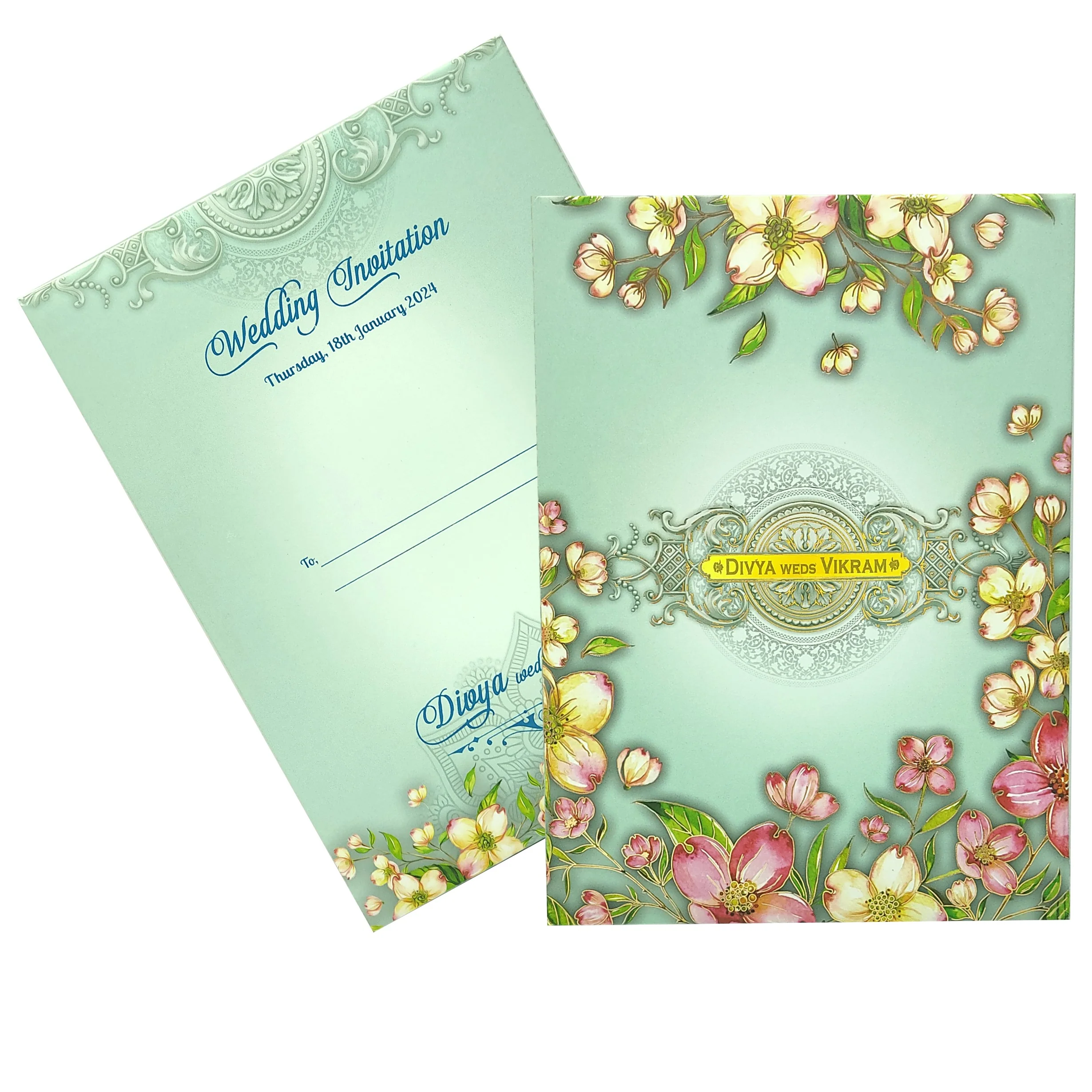 Blue Padded Floral Wedding Card In Offset-KNPO9530B - Image 2
