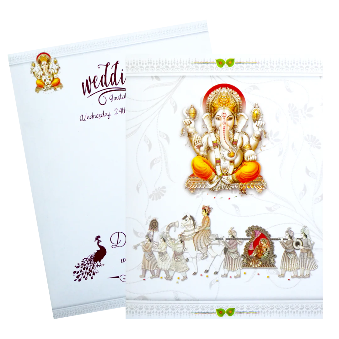 White Classic Ganesha Wedding Card With Doli Baraat-KNK1292 - Image 2