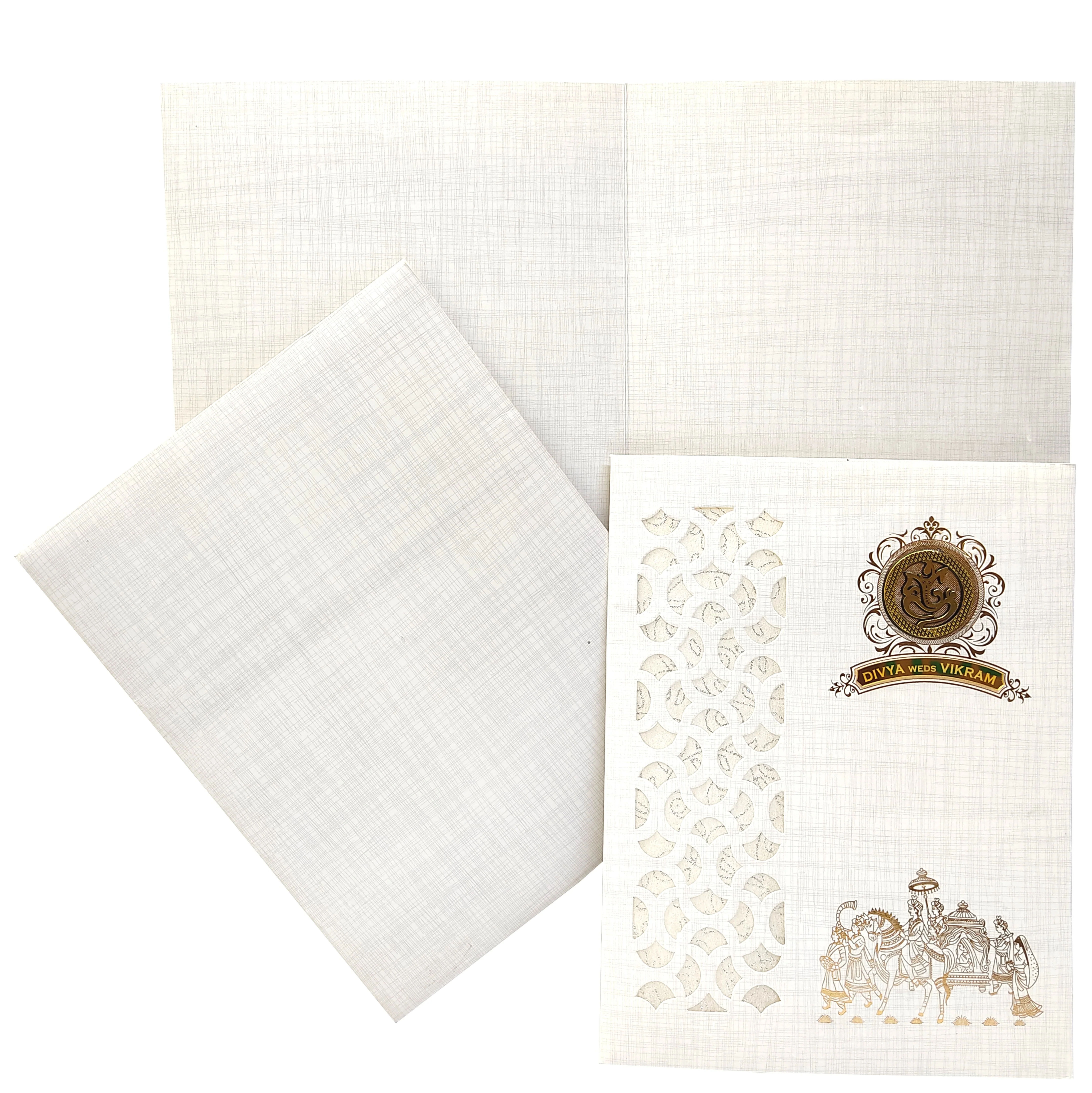 Grey Metallic Laser Cut Design With Baraat Print In Gold Foiling-KNK9404G