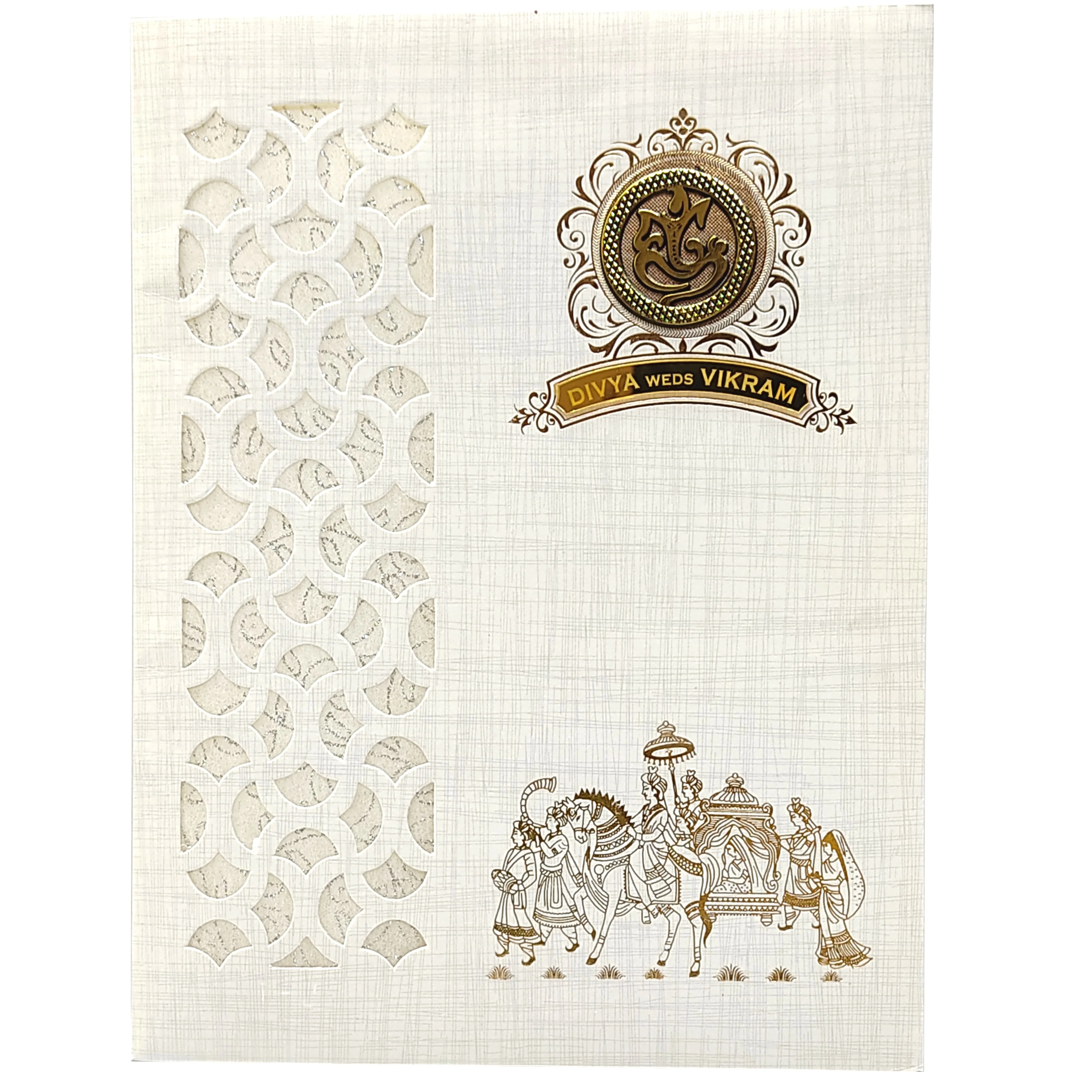 Grey Metallic Laser Cut Design With Baraat Print In Gold Foiling-KNK9404G - Image 3