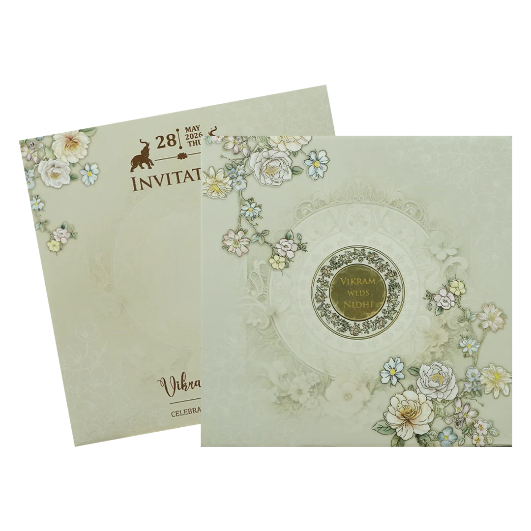 Grey Floral Embossed Circle Paddded Wedding Card-KRE27140 - Image 2