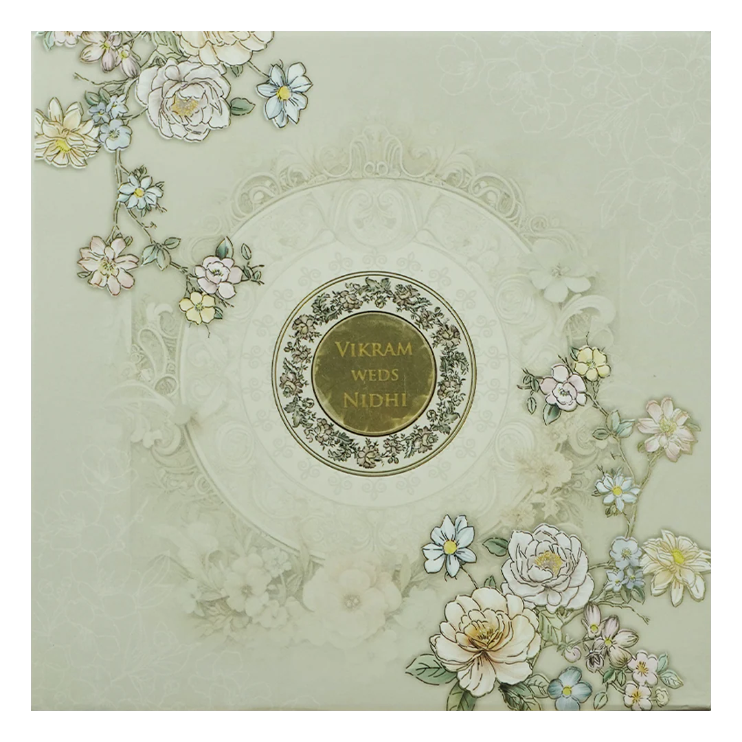 Grey Floral Embossed Circle Paddded Wedding Card-KRE27140 - Image 3
